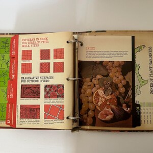 May include: Open vintage gardening book with colorful illustrations. Pages show patterns for brick patios, imaginative surfaces, and an index with a still-life photograph of grapes and figs. Tabs mark sections on plant identification and hardiness zones.