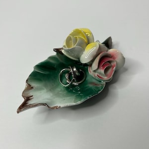 Vintage Porcelain Roses Ring Dish - *Has Chips Flower Trinket Dish / floral decor / vintage vanity decor