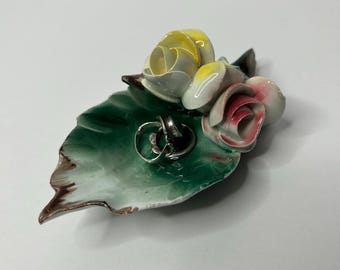 Vintage Porcelain Roses Ring Dish - *Has Chips Flower Trinket Dish / floral decor / vintage vanity decor