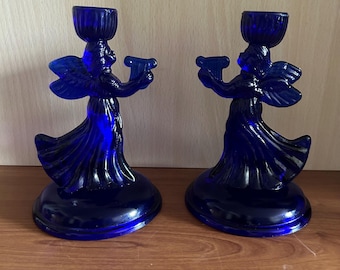 Vtg Cobalt Blue Glass Angel Candlestick Holders / Candle Holder Pair *have chips / Angel Decor / Vintage Blue Glass / Angels Playing Harp