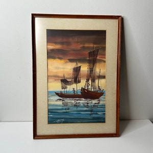 14.5” x 20.5” Vintage Framed Ship Painting / ship at sea / nautical decor / sailing art