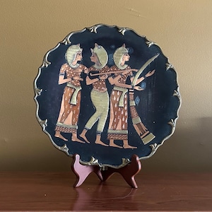 Egyptian Rivival Copper and Brass Inlaid Decorative Plate/ 11” vintage display plate *has tarnish *see photos
