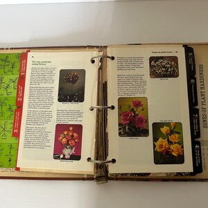 May include: An open vintage binder with pages featuring botanical illustrations and text. The pages display images of flowers and information about plant hardiness zones. The binder has metal rings and a floral patterned cover.
