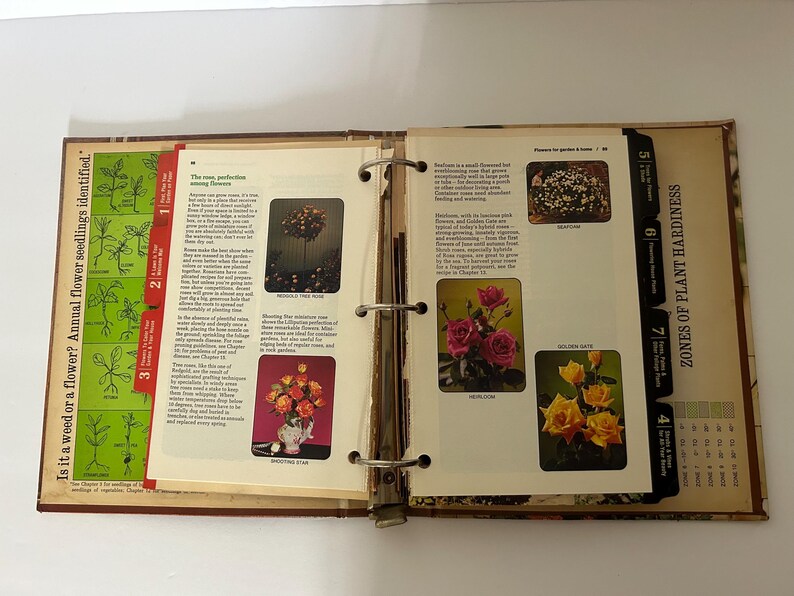 May include: An open vintage binder with pages featuring botanical illustrations and text. The pages display images of flowers and information about plant hardiness zones. The binder has metal rings and a floral patterned cover.
