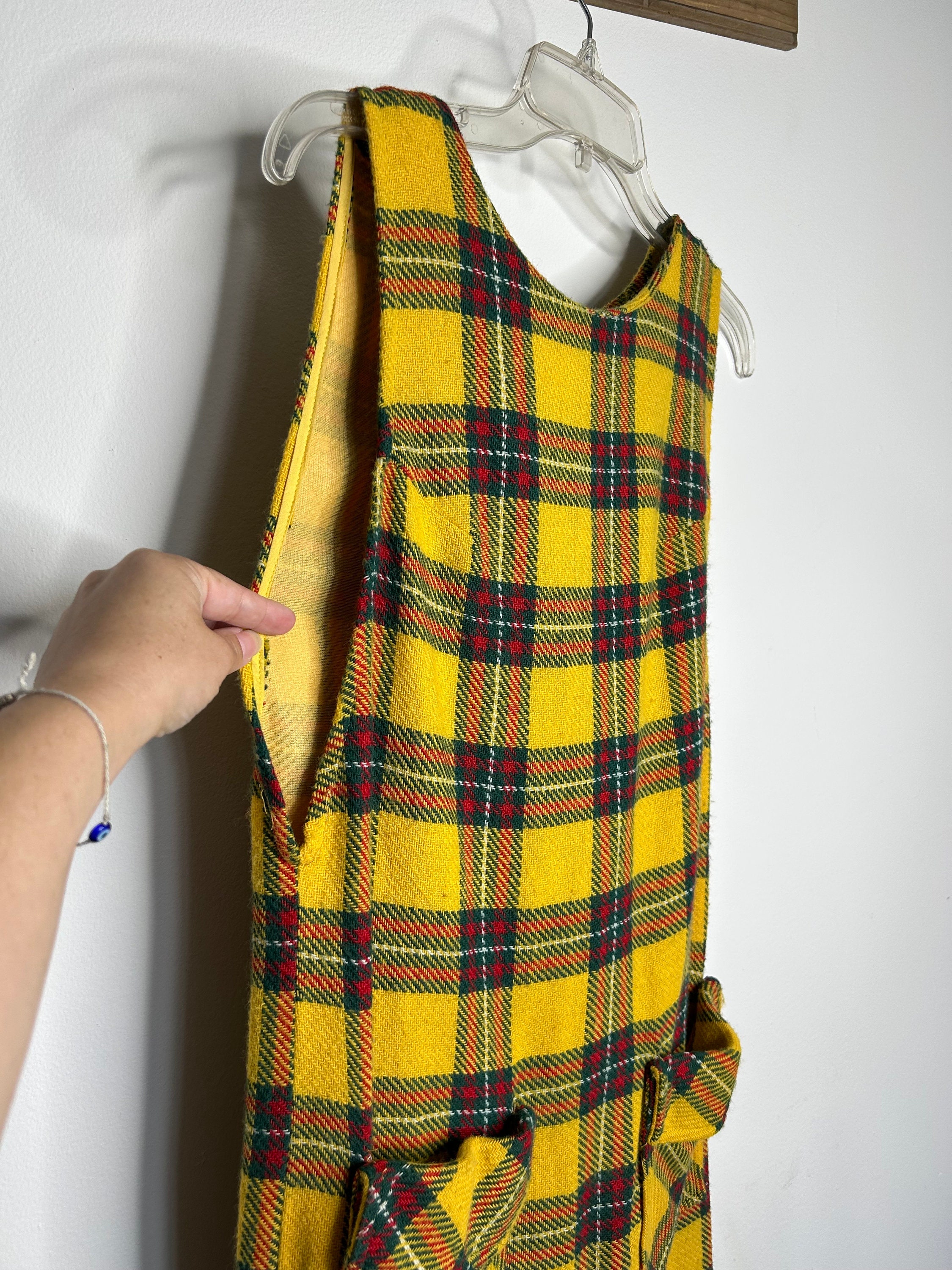 Authentic 1960s Plaid Jumper Dress / Vintage Yellow Plaid