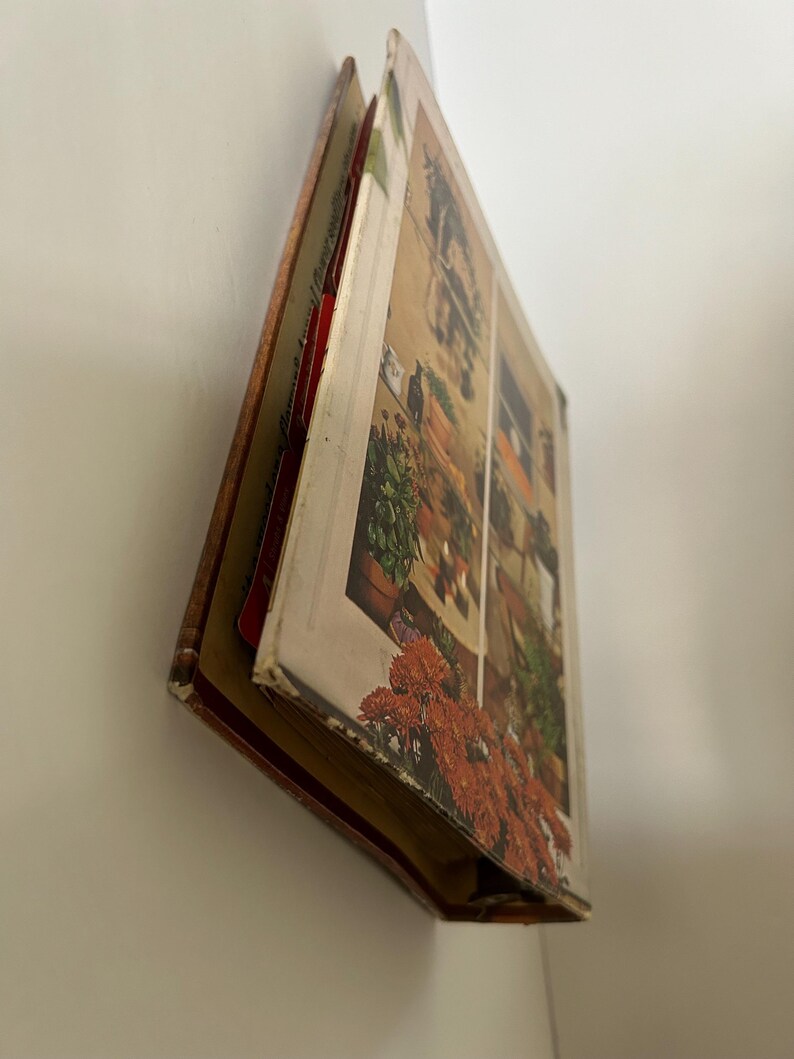 May include: A vintage book with a colorful illustration of a window scene with potted plants and flowers. The book's cover and pages are visible, showcasing a detailed, aged design. The book is leaning against a white wall.
