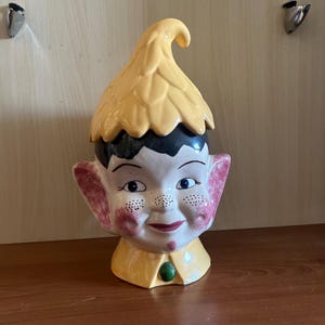 1970s Pixie Elf Cookie Jar *Has Chips and flaws / Rosey Cheeks Dimples / vintage Christmas / Kitchsy Kitchen