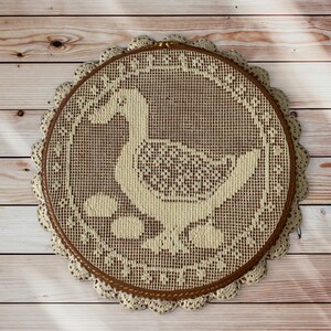 Large ceramic needlepoint round of duck - rustic farmhouse decor