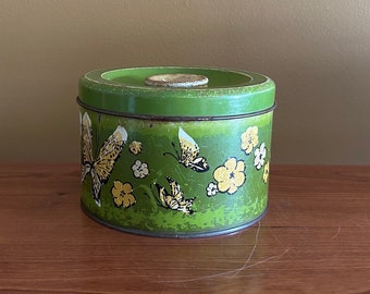 Vtg Green Butterfly Tin Canister (heavy ware - see photos) / 1970s green kitchen decor / floral aluminum tin / kitchsy gift