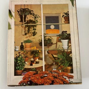 May include: A vintage book cover featuring a window display with potted plants on glass shelves. The scene includes hanging plants, a painting, and orange chrysanthemums. The overall aesthetic is warm and inviting, with a focus on indoor gardening.