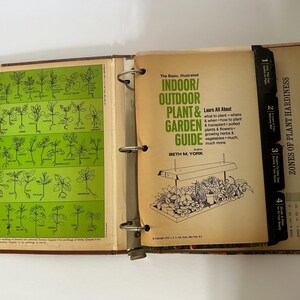 May include: An open vintage gardening guide with a green and brown cover. The left page features a chart of seedlings, while the right page displays the title "Indoor/Outdoor Plant & Garden Guide" and a diagram of plants under a grow light.