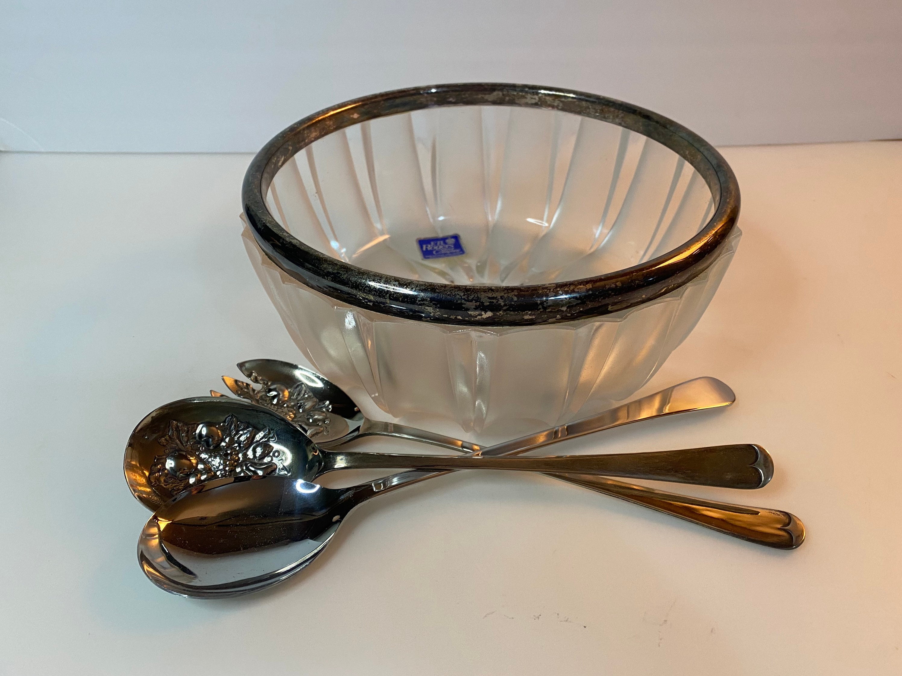 FB Rogers Silver Company glass bowl / frosted glass silver plate trim bowl