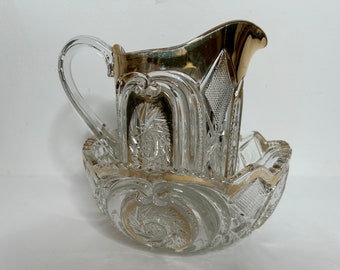 U.S. Glass  water pitcher and bowl set in Victoria / Daisy and Scroll /  Buzz Saw in Parentheses / elegant serveware/ vintage dining