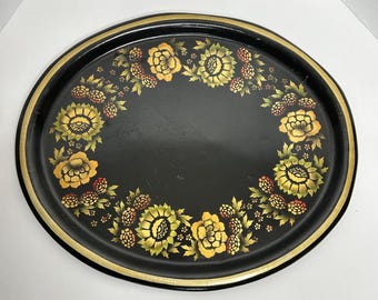 Vtg Hand Painted Black Toleware Tray 19.75” x 16.25” / Vintage Aluminum Floral Tray / Oval Tin Serving Tray / Metal Table Tray