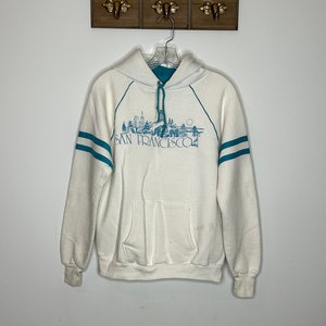 Vtg 90s San Francisco Sweatshirt Hoodie / *has stain / white and teal / 90s graphic / 1990s fashion / San Fran Gear