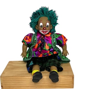 Vtg 14” Arias Clown Doll Colorful Yarn Hair Vinyl Face Made In Spain / vintage clown dolls / happy clown / creepy clown