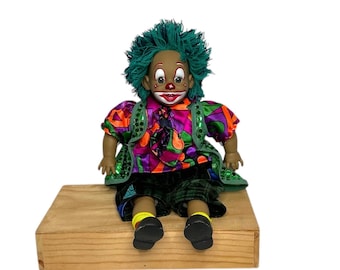 Ancienne poupée de clown grande taille plastique et tissus multicolore - Collection