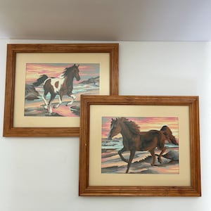 Vintage Colorful Galloping Horse Prints / Paint by Number Style / Framed Horse Prints