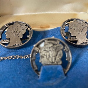 Vintage Mercury Dine cuff links and tie clip / winged liberty head