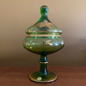 Blown Romanian glass candy dish / compote dish/  Apothecary jar / green and gold / pedestal jar