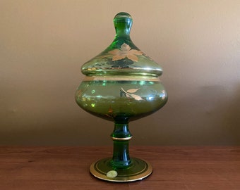 Mundgeblasenes rumänisches Glas Konfektschale / Kompottschale / Apothekerglas / grün und gold / Sockelglas