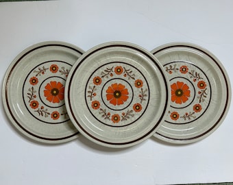 Vintage Trendsetters Stoneware Rosetta 10.5” dinner plates (3) / Japanese stoneware / bright orange floral stoneware / vtg dinnerware