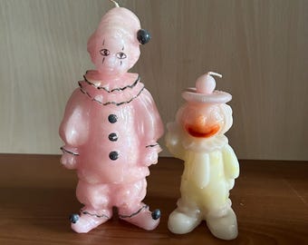 Vtg Pair Wax Clown Candles / Pierrot Clown / Vintage Clowns / Kitchsy Decor / Sculpted Wax / Figural Candle