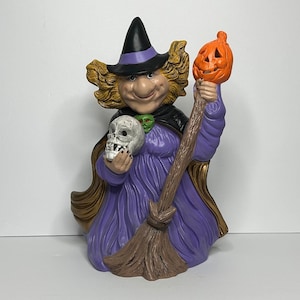 Vtg Ceramic 14” Witch Figure Skull Broom and Jack O’Lantern  / Witch Statue / 90s Vintage Halloween Decor /  Mold