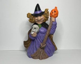 Vtg Ceramic 14” Witch Figure Skull Broom and Jack O’Lantern  / Witch Statue / 90s Vintage Halloween Decor /  Mold