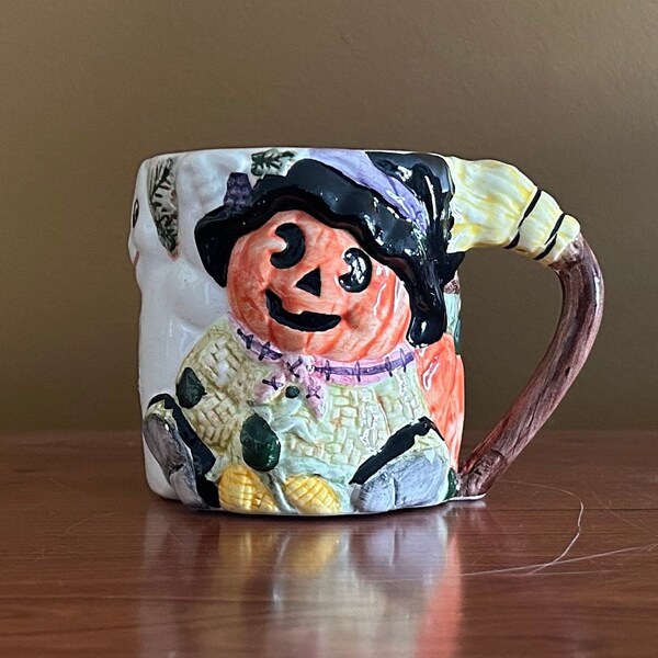 Vintage Halloween Mug 3D Pumpkin Scarecrow and Ghost with Broomstick Handle / Jack o’lantern mug / scarecrow mug / corn stalks