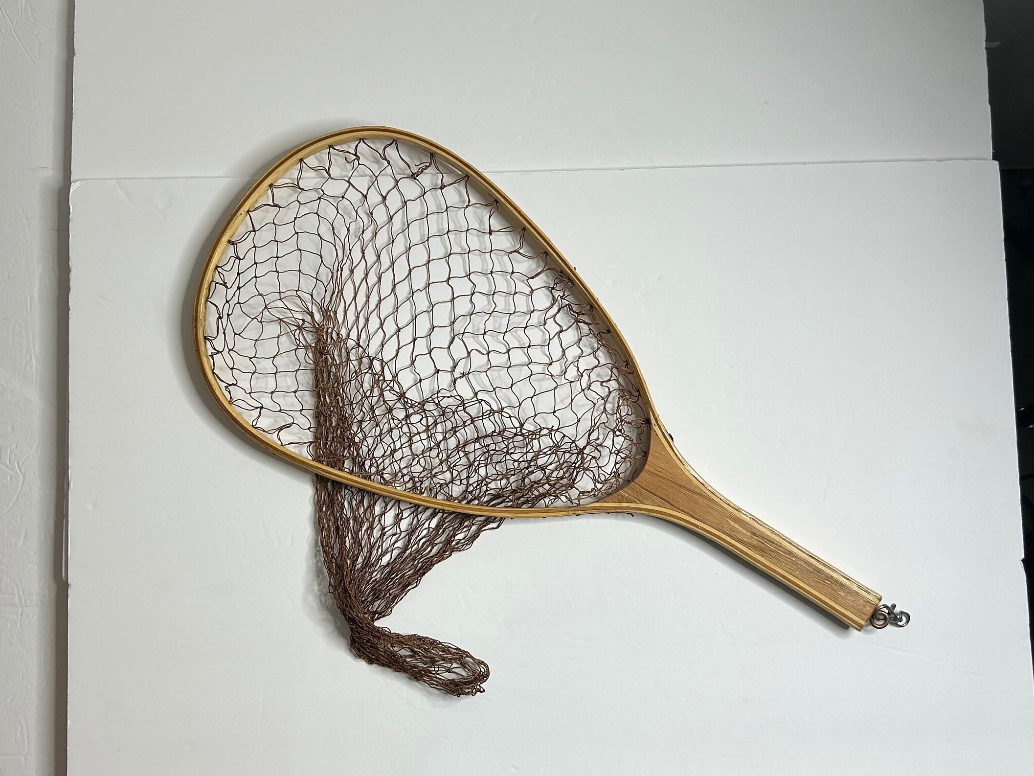 Vintage fishing landing net wood handle cotton cloth net 11x24