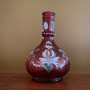 Limited edition hand painted Fenton glass cranberry floral bottle vase signed #225 of 1000 / Heirloom Collection