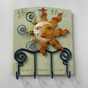 Vintage Celestial Sun Moon Key Hook / Metal Wall Mount Key Holder / Swirls Whimsical / Whimsigoth