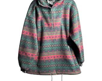 Vintage Aztec Print Fleece Pullover Jacket / Women’s Size Small Baggy Oversized 48” chest / BB Dakota