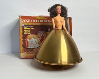 Vintage Doll Cake Mold Pan *HAS FLAW broken doll arm / 1976 Wilton Wonder Mold doll skirt pan / gold aluminum multi purpose cake pan