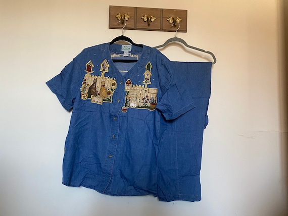 Vintage 90’s Quacker Factory Denim pant set with garden cat scenes and rhinestones 2X 100% cotton