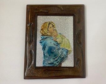 Madonna and child foil print with wood border - Vintage Religious Art