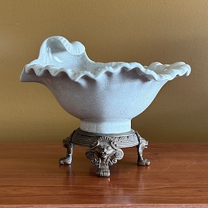Ceramic & Bronze Lion Head Bowl / Vintage Bronze Base Decorative Pedestal Bowl / Housewarming Gift / Vintage Gifts / Lion Decor