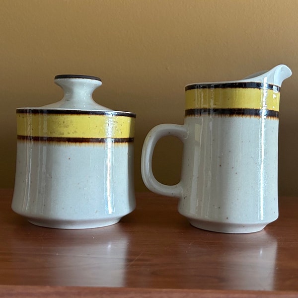 Vintage Speckled Stoneware Sugar and Creamer Set / Japanese Rainbow Stoneware Citurs Pattern / restaurant ware / vintage home decor