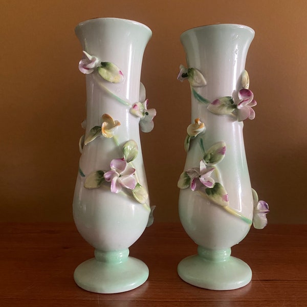 Beautiful pair of Ucagco applied floral Bud vases / spring decor / elegant decor