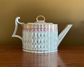 Antique, circa 1790, Fluted Derby Teapot, pink and gold on white / fine English porcelain / fluted serveware / Duesbury II period