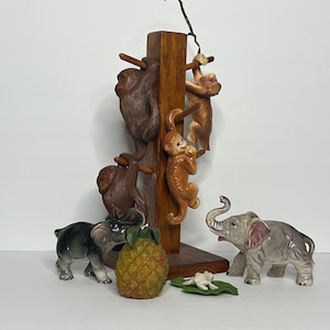 Vtg 1960s Elephant figurines & Hanging Monkeys / Orangutans With Lilly Pad And Pineapple/ Vintage *HAS FLAWS