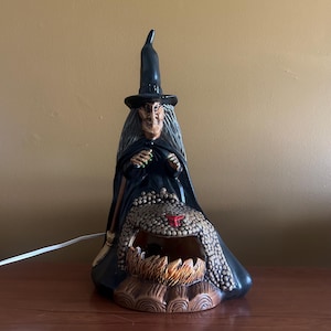 Vtg 13.5” Ceramic Light Up Cauldron Witch *has flaws - broken finger  / Vintage Halloween Decor / Creepy Spooky Witch