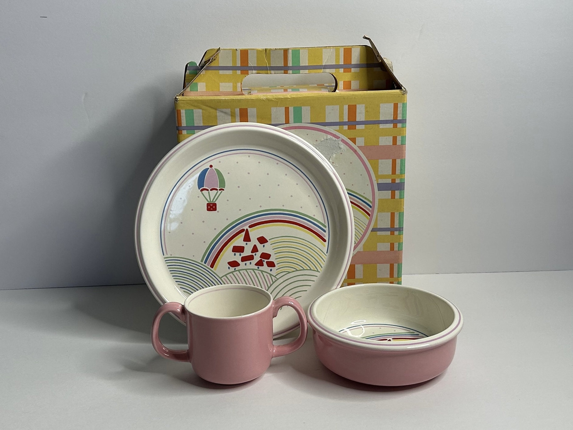 Vtg Mikasa Up And Away Plate Bowl Cup / Vintage 3 Pc Children’s Set / Made in Japan / Rainbow & Hot Air Balloon / child’s plate / stoneware