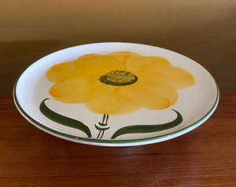 Yellow poppy flower ceramic cake stand - footed cake stand- hand painted vintage platter - cookie display - pie plate - cupcake tray