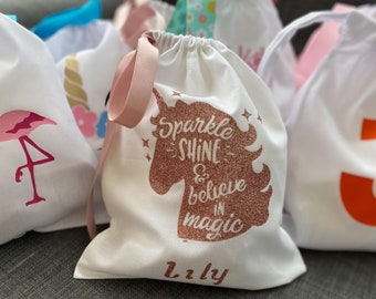 Unicorn party or sleepover Cotton bags.  Can be personalised . girls birthday party supplies