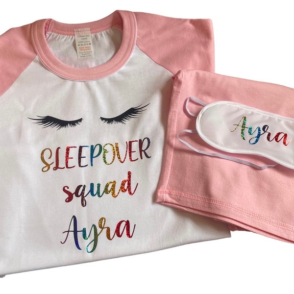 Sleepover squad personalised party set . Matching themed shortie set (t-shirt and shorts pjs) ,  party bags and sleep eye masks available.