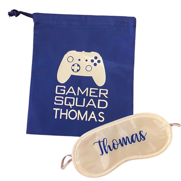 Gamer squad Party cotton Blue Bags and White masks . Boys or girls cloth favour bags. Personalisation available . Sleepover .