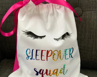 Personalised Sleepover Squad Cotton Party Favour Bag, Holographic Vinyl Design.