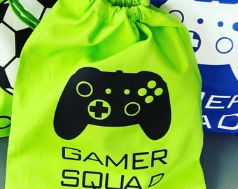 Gamer squad Party cotton Bags. Boys or girls cloth favour bags. Personalisation available . Sleepover . Regular and Large sizes